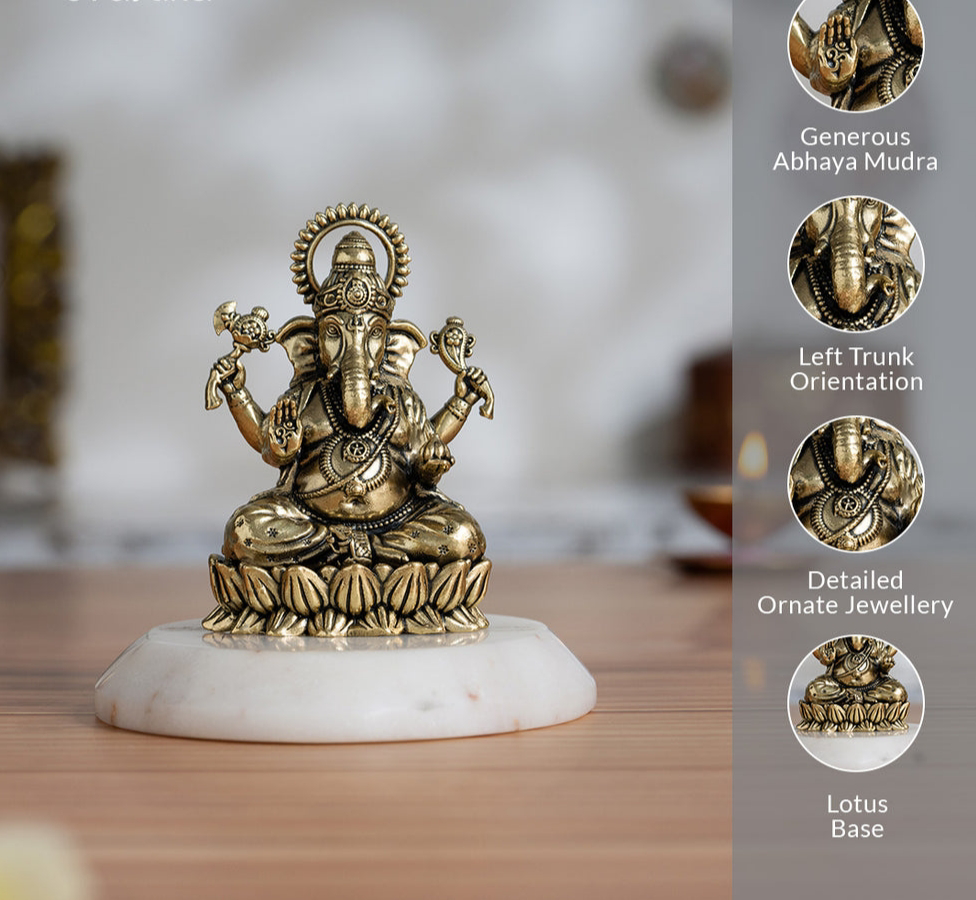 Brass Left-Trunk Ganesha Murti Sitting On Lotus (3
