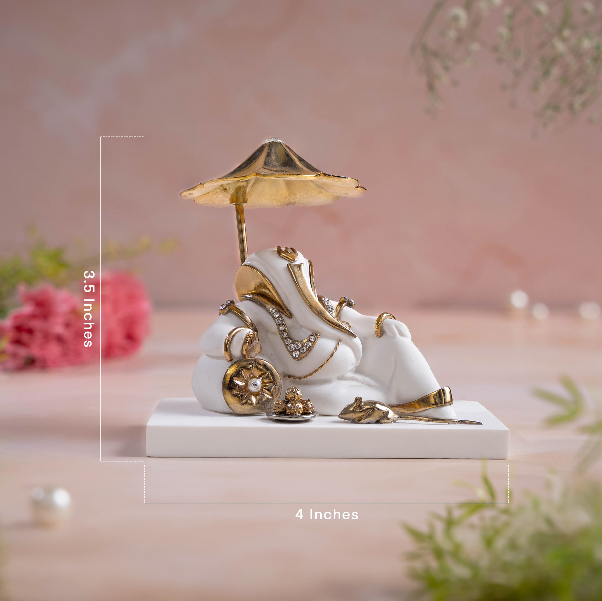 Resting Ganesh Idol With Umbrella For Car Dashboard -Gold Plated 