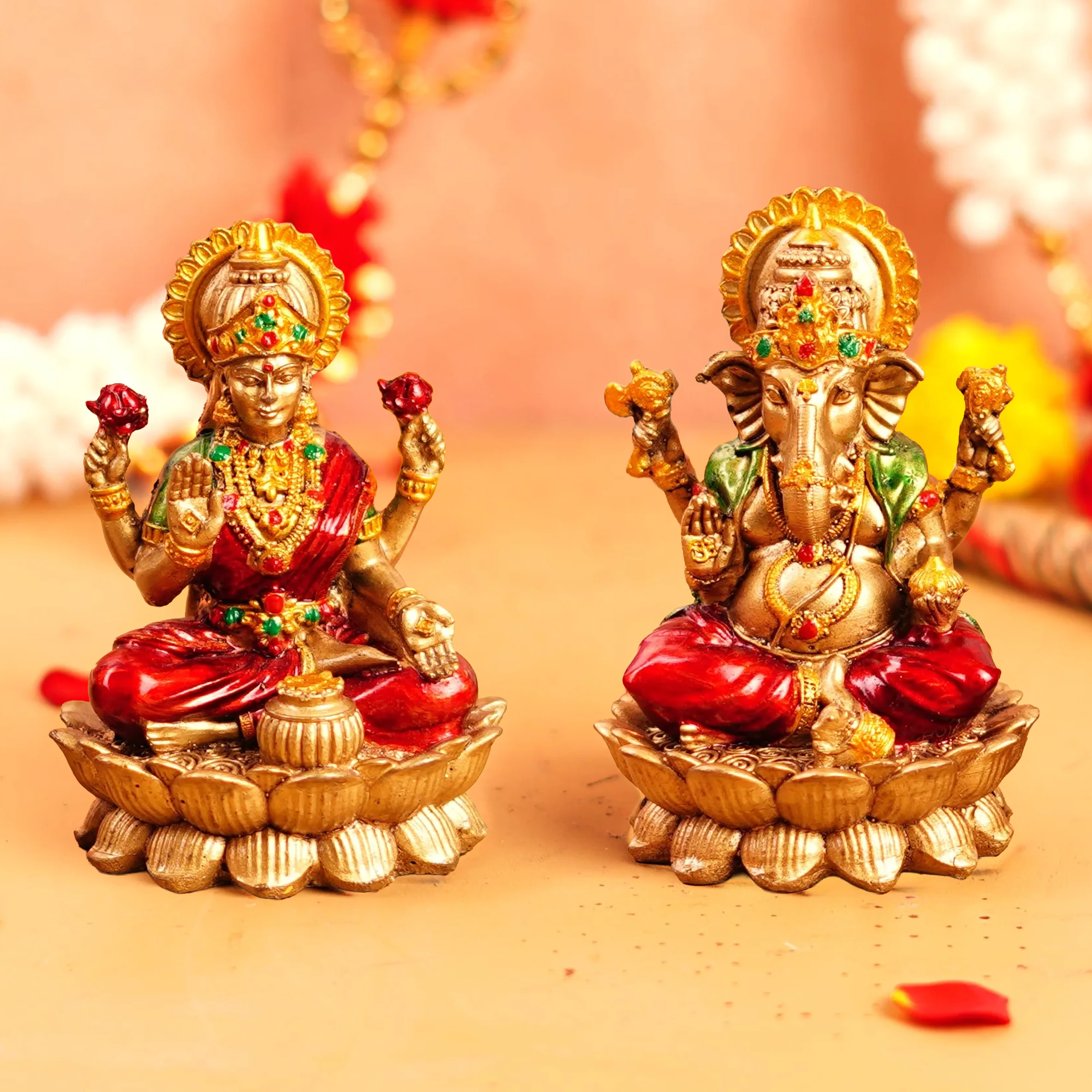 Copper and Red Lakshmi Ganesh Resin Idol 4 inch