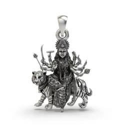 925 silver Durga Maa pendant — Simhavahini with Trishul, antique-oxidized handcrafted temple jewellery India