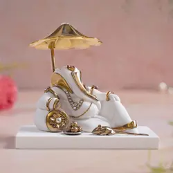 Resting Ganesh Idol With Umbrella For Car Dashboard -Gold Plated 