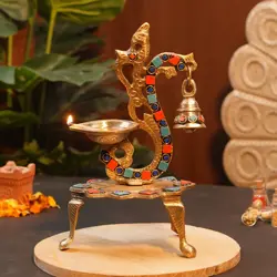 Pure Brass Diya with Colourful Stone Work 9 inch | 650 g